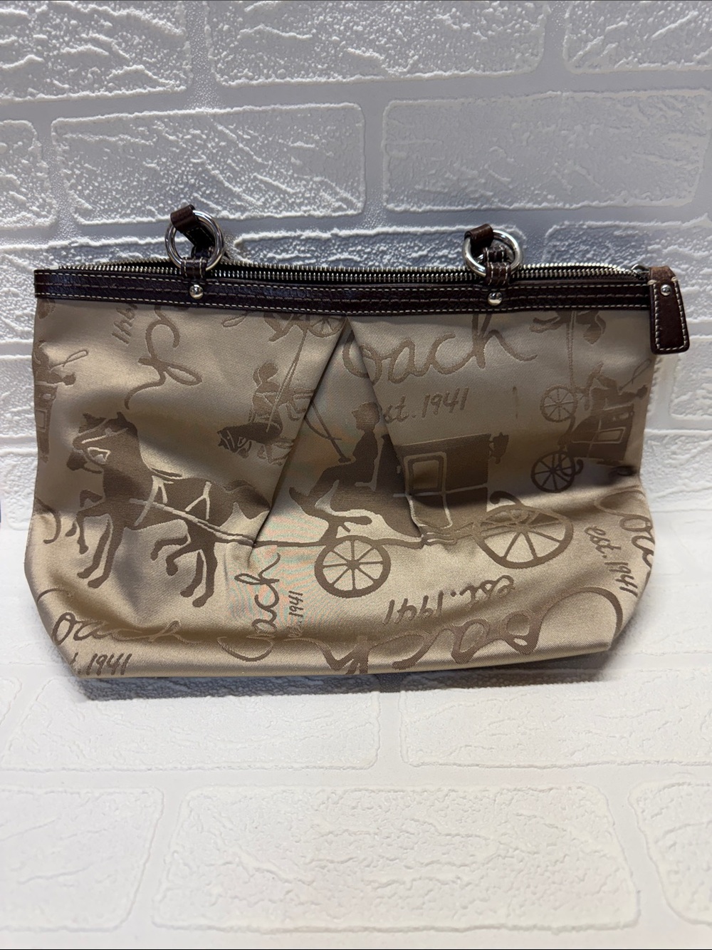 Coach Beige Signature Horse & Carriage Zip-Top Purse  F14482